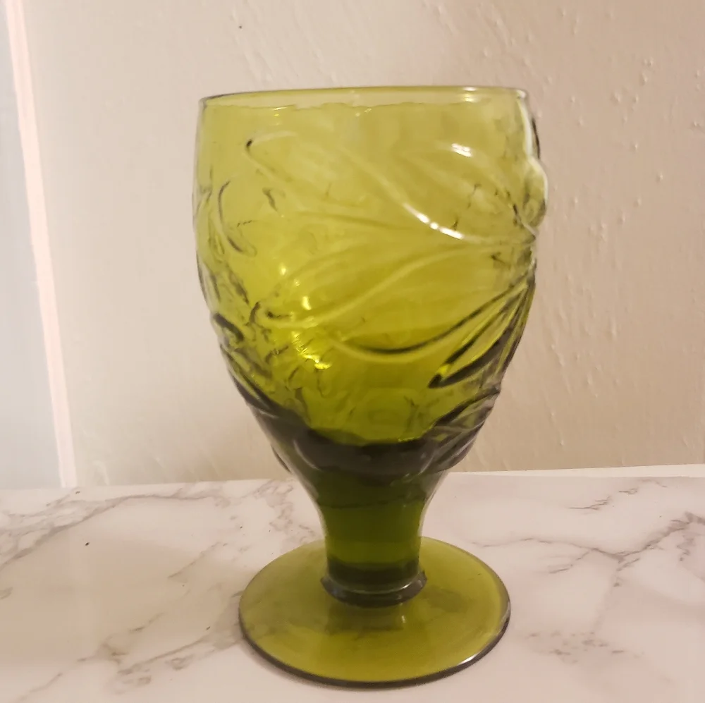 IVV Italy Green Pressed Glass With Olives Branches Goblet
